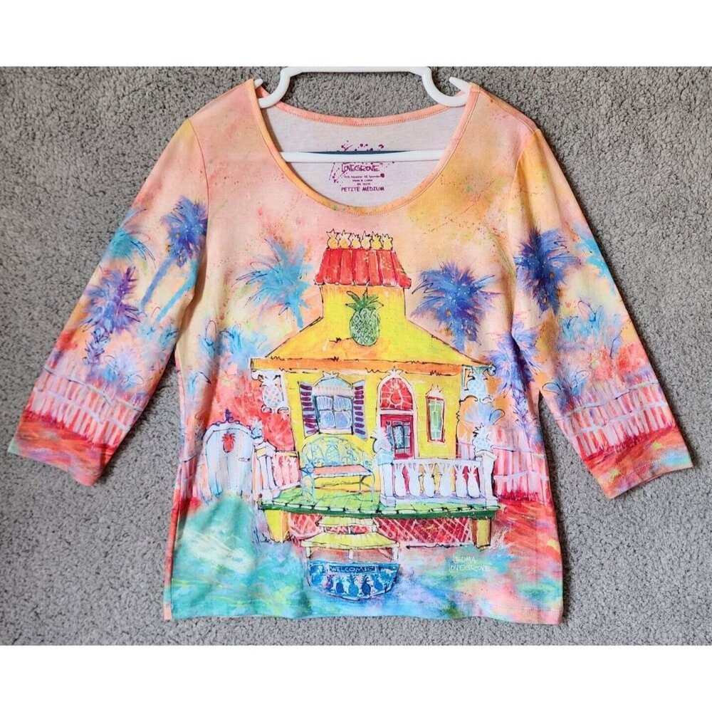 Leoma Lovegrove Women's 3/4 Sleeve Top Colorful Tropical Art Size Petite Medium
